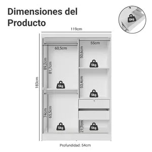 Placard Madesa Max 2 Puertas Corredizas 2 Cajones 119x183 Cm