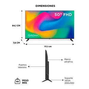 Smart TV 50” Gadnic FHD Android TV Pulgadas WiFi Procesador Quad Core Sonido Estéreo 20W